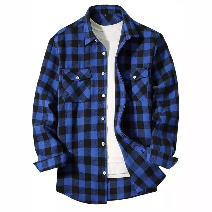 Mens Shirts Fashion Classic Plaid Cardigan Casual Shirt Long Sleeve Chest Two Pockets Turn-Down Collar Spring Autumn Men Tops