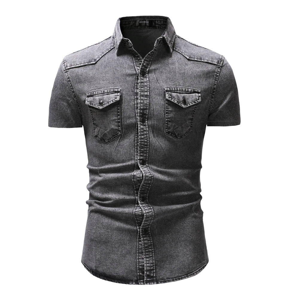 Men Denim Shirts Tops Shirt Short Sleeve Button Turn Down Collar Single Breasted Slim Fit Solid Simple Casual Splice Top 2024
