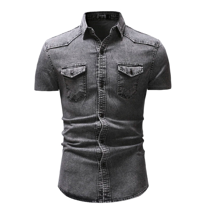 Men Denim Shirts Tops Shirt Short Sleeve Button Turn Down Collar Single Breasted Slim Fit Solid Simple Casual Splice Top 2024