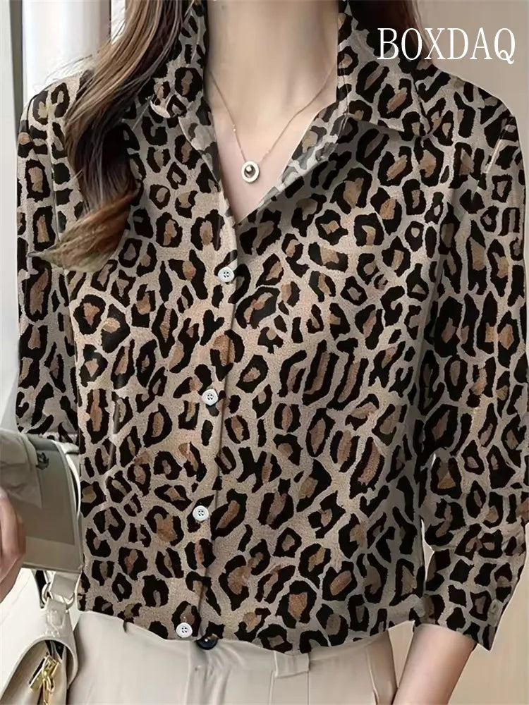 Women Shirt 2025 Autumn Clothes Women Vintage Blouses Office Lady Long Sleeve Blouse Button Up Lapel Shirts OL Print Womens Tops