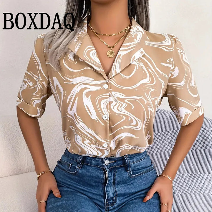 Shirt Fashion Color Matching Printed V-Neck Shirt Ladies Casual Elegant Women Blouse Summer Ladies Hawaiian Vacation Shirts 2025
