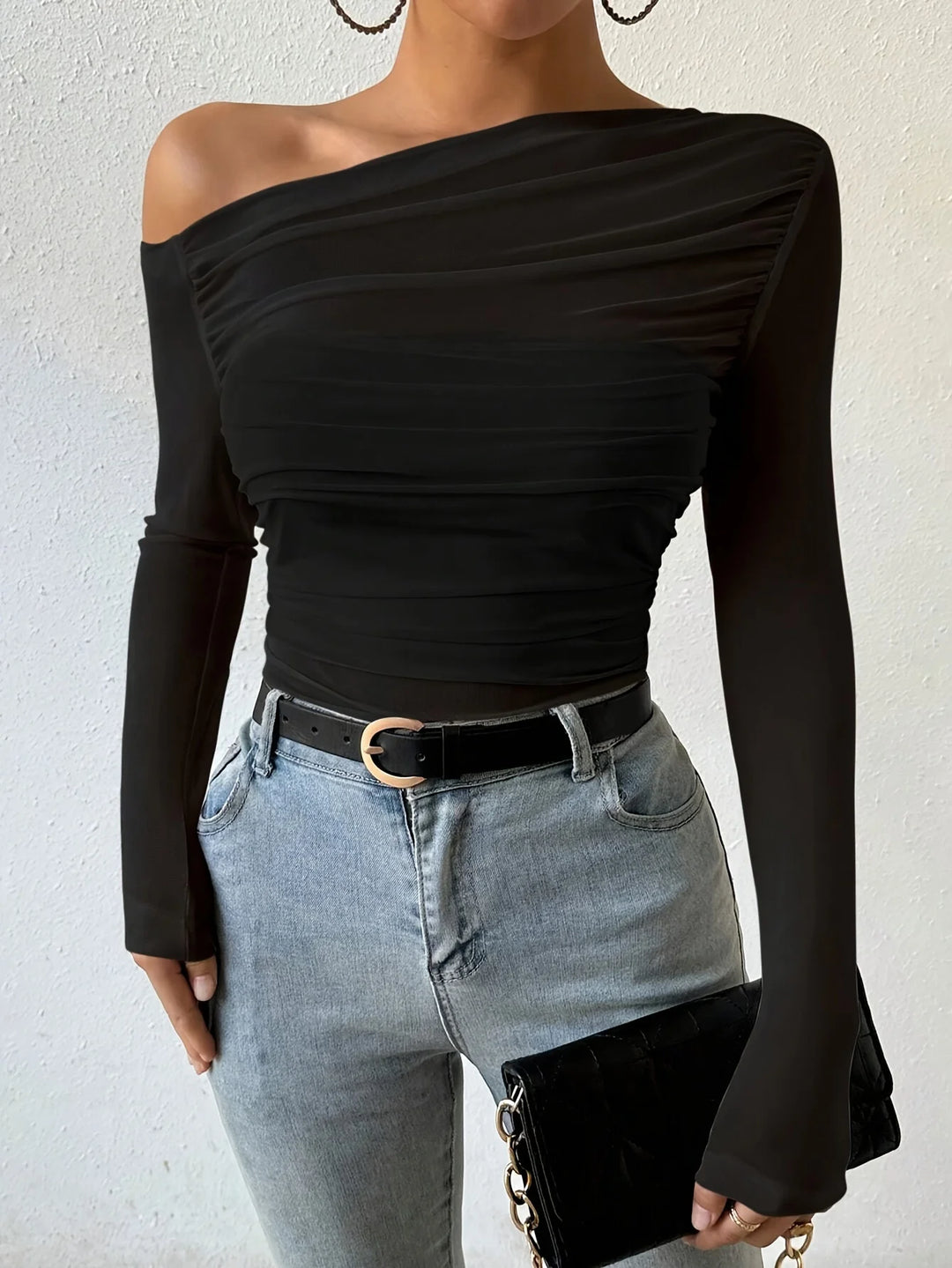 2025 Women’s Off-Shoulder Crop Top – Slim Fit Autumn/Winter Streetwear