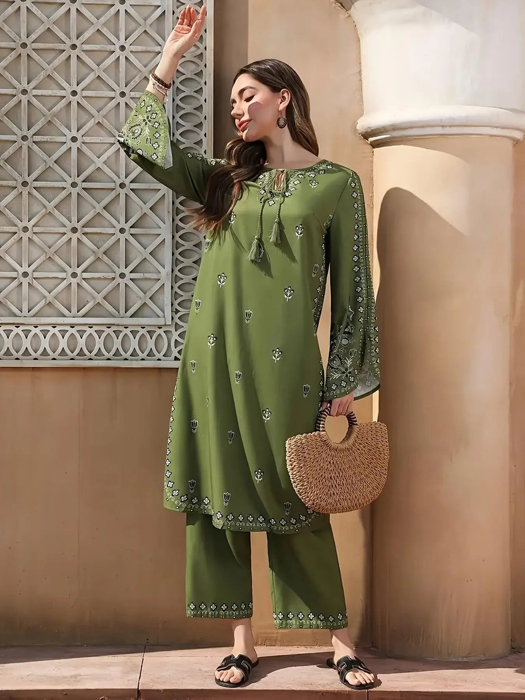 2pcs Boho Chic Salwar Suit Ethnic Print Lightweight Non-See-Through Ramadan Fashion with Flared Cuffs & Hem for Women Outdoor Ev