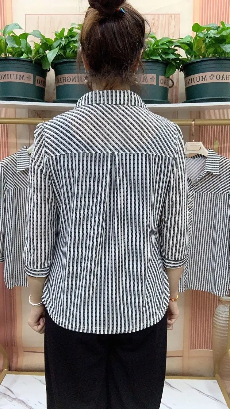 Fashion Loose All-match Striped Printed Shirt Summer Women's Clothing New 3/4 Sleeve Casual Turn-down Collar Buttons Blouses