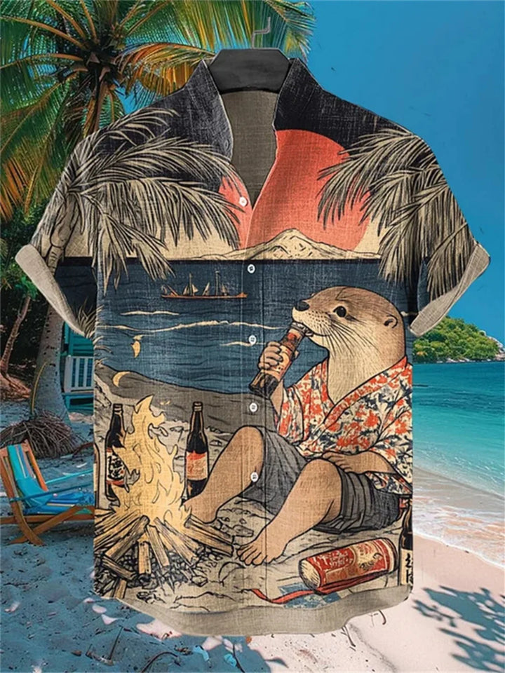 Men's Printed Short Sleeve Shirt Fashionable Casual Outdoor Breathable Linen Stand up Collar for Social Parties