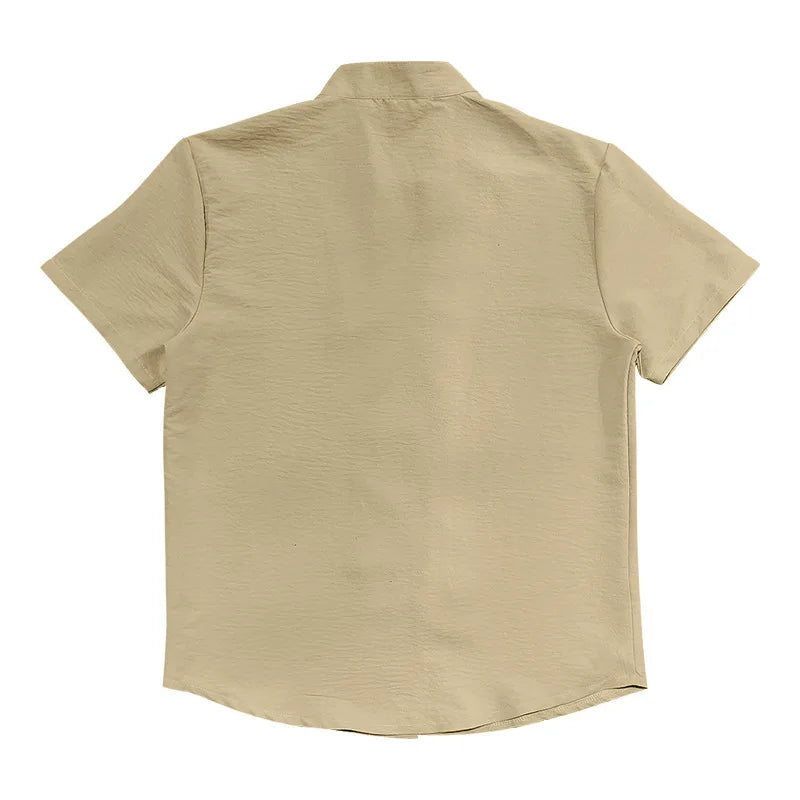 Summer New Short Sleeve Shirts for Men Fashion Solid Casual Linen Tops Breathable Stand Collar Loose Beach Blouses Men Clothing