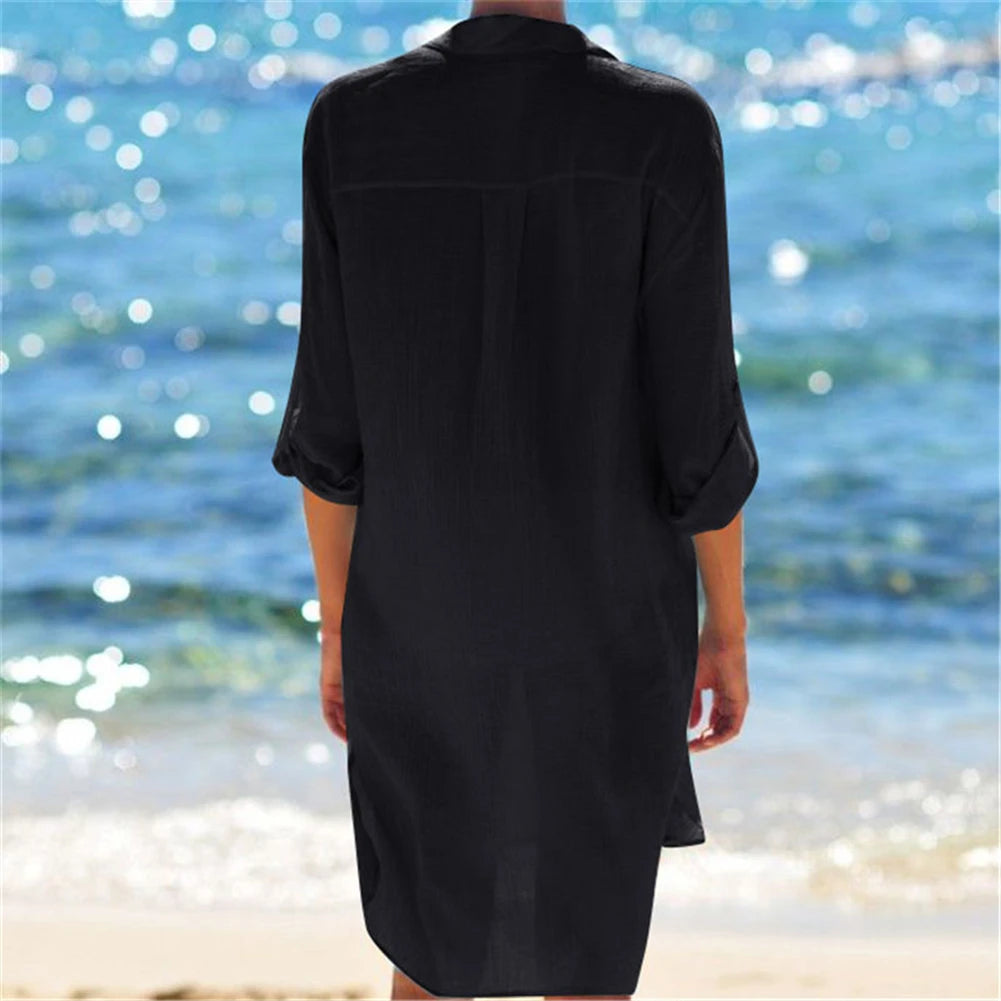 Women’s 2026 Cotton Beach Tunic Dress – Sexy White Maxi & Mini Cover-Up