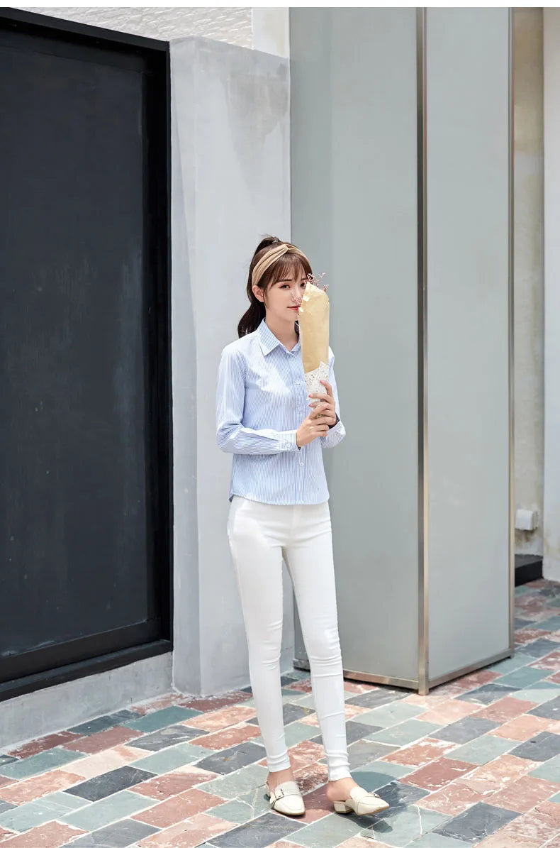 White Blue Pink Striped Shirt Women 2024 Spring New Simple Casual Long Sleeves Blouses and Tops Office Fashion Ladies Clothes