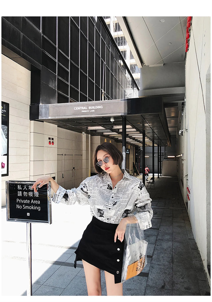 Trendy Shirt Blouse Simple Thin Newspaper Print Shirt Summer Loose Shirt Top Women Solid Color Sun Protection Shirt Streetwear