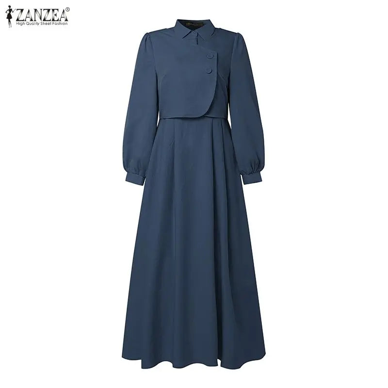ZANZEA Ramadan Robe Fashion Muslim Dresses Women Elegant Long Sleeve Pleated Sundress Dubai Abaya Casual Kaftan Fake 2 Pieces