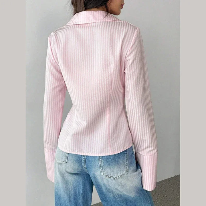 Pink Striped Shirt Women Sexy Turn Down Collar Spring Autumn Chic Blouse Fall Fashion Long Sleeve Single Breasted Slim Tops New