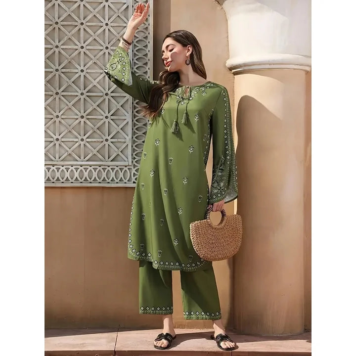 2pcs Boho Chic Salwar Suit Ethnic Print Lightweight Non-See-Through Ramadan Fashion with Flared Cuffs & Hem for Women Outdoor Ev