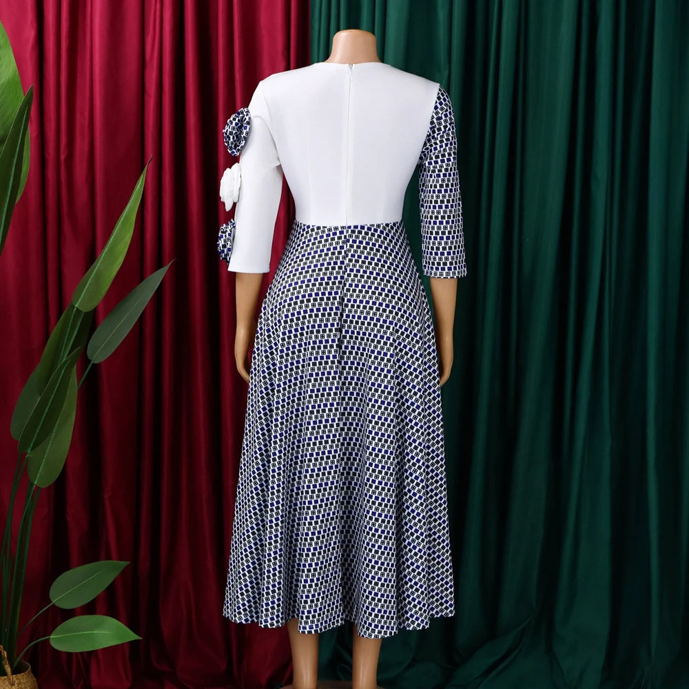 Elegant Dresses for Women 2025 Fall Fashion African 3/4 Sleeve Party Birthday New Robe Chic 3D Flower Plaid Evening A-Line Dress