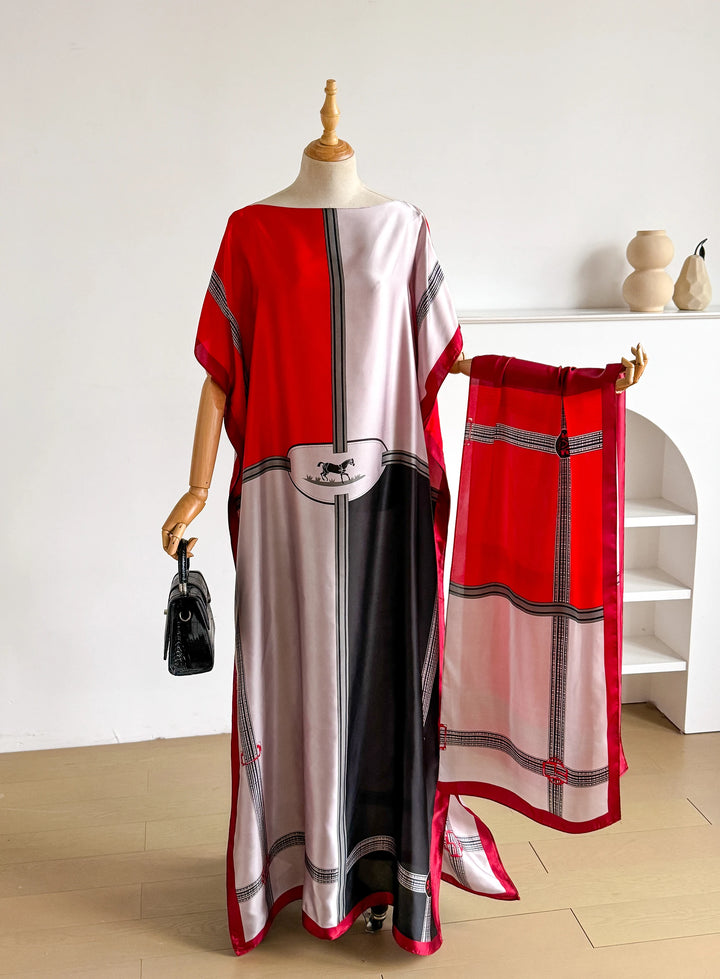 New Summer Fashion Women's Kaftan Dress with Big Scarf Loose Abaya Muslim Casual Print Shawl Robe African Style Dubai Turkey