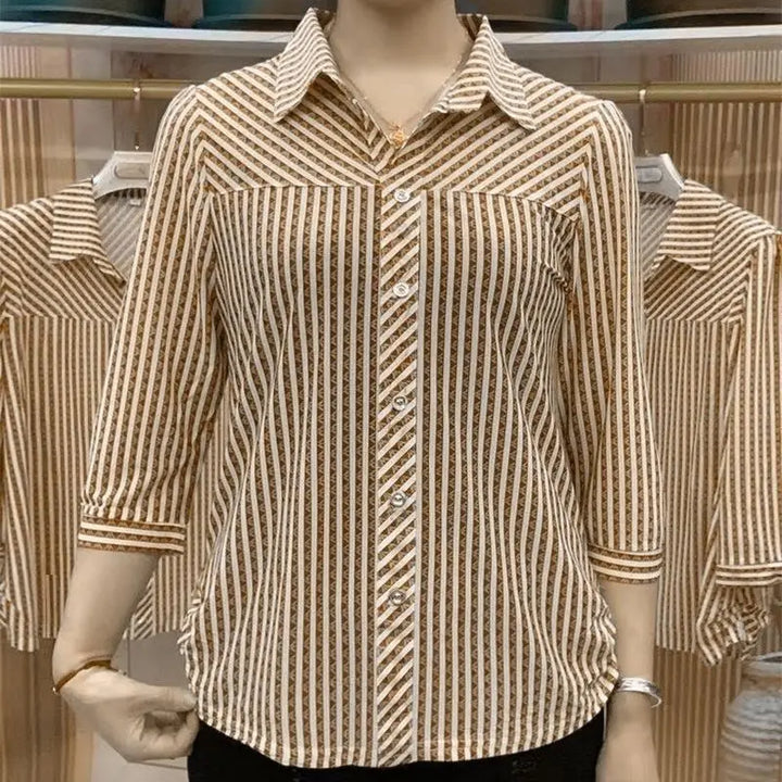 Fashion Loose All-match Striped Printed Shirt Summer Women's Clothing New 3/4 Sleeve Casual Turn-down Collar Buttons Blouses