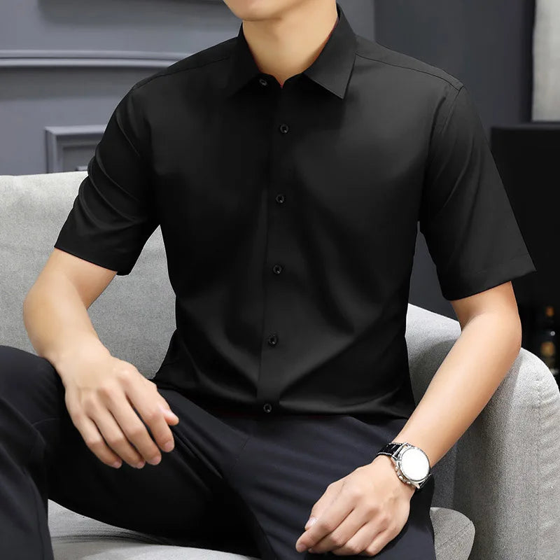 Men's Black Short Sleeve Dress Shirt Slim Fit Non-iron Formal Business Button Down Shirt for Office