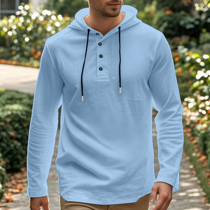 2026 New Men's  T-Shirts Spring Summer Hooded Cotton Linen Tops for Men Soft Loose Henley Shirt Casual Button Long Sleeve Shirts