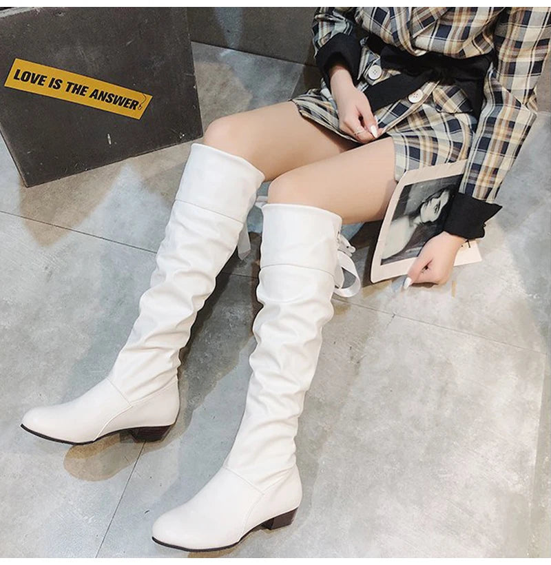 2024 Women’s Knee-High Boots – Pleated Leather, Low Heel, Casual Shoes