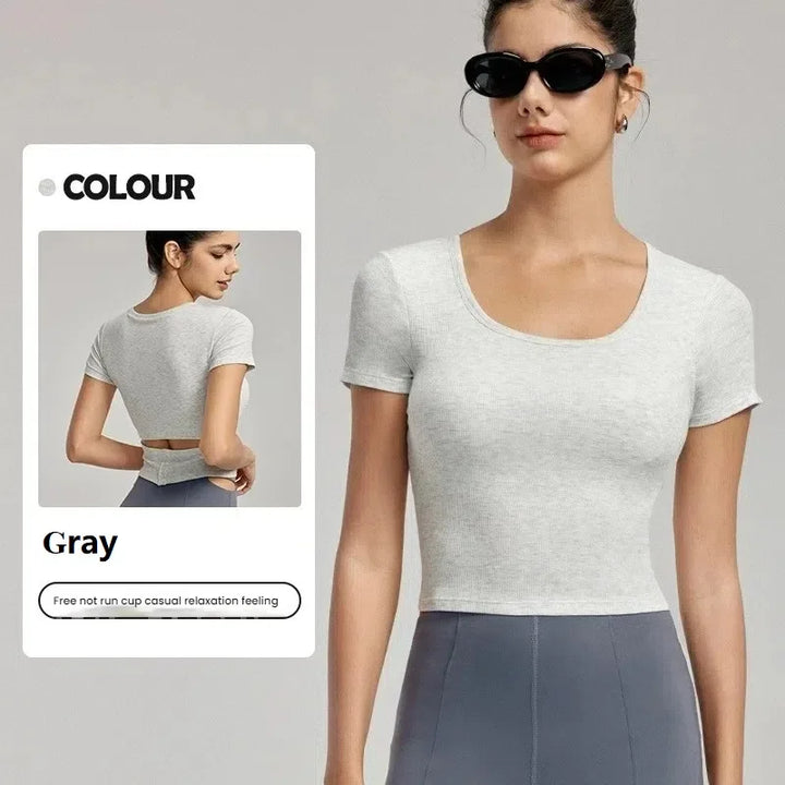 High-End Yoga Top for Women Summer Fitted Sports Short-Sleeve T-shirt Breathable Anti-Slip Cup Design