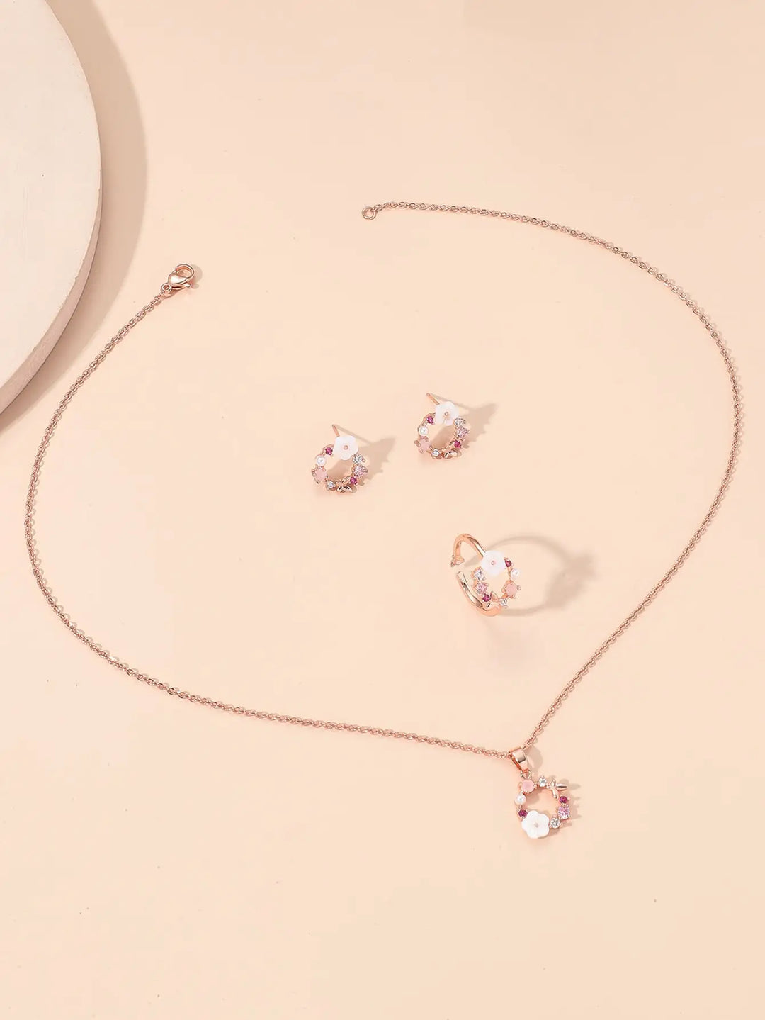 Women’s Rose Gold Flower Jewelry Set – Necklace, Ring & Earrings