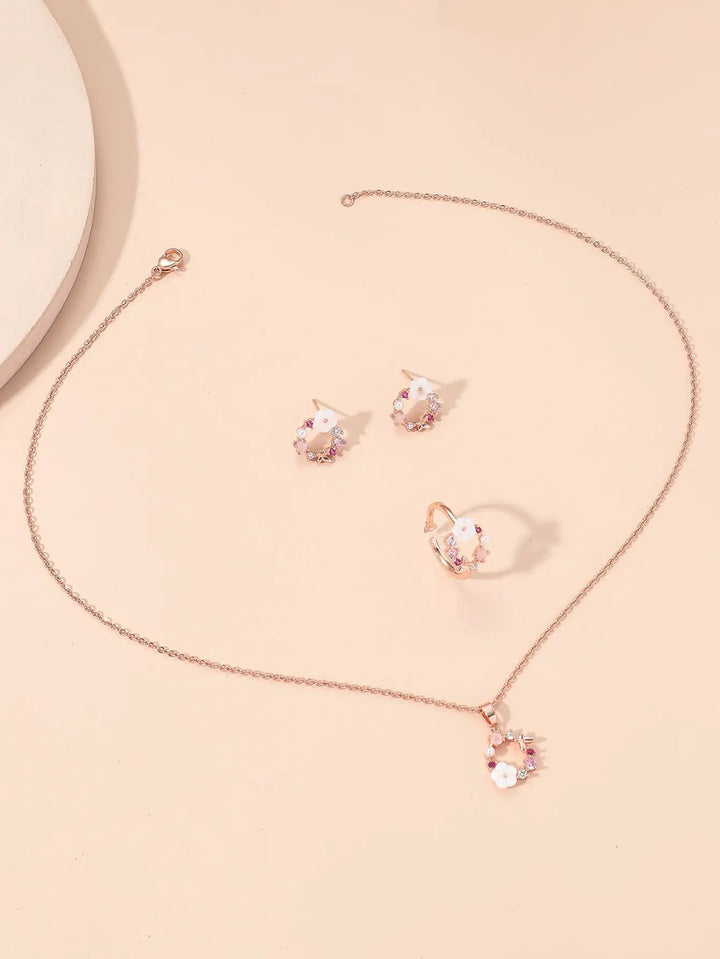 Women’s Rose Gold Flower Jewelry Set – Necklace, Ring & Earrings
