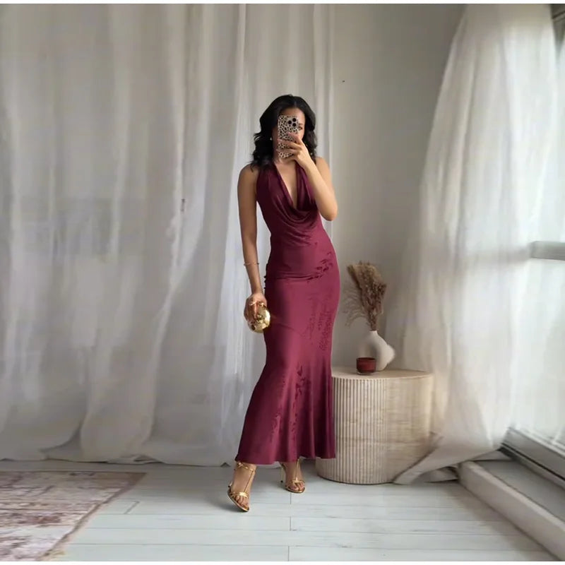 Women’s 2026 Vintage Red Lace-Up Dress – Sleeveless Deep V Neck Elegant Party Gown