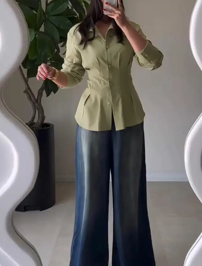 Women Shirt 2025 Spring New Turn-Down Collar Long Sleeve Button Front Blouse Casual Back Criss Cross Tied Detail Fishtail Shirt