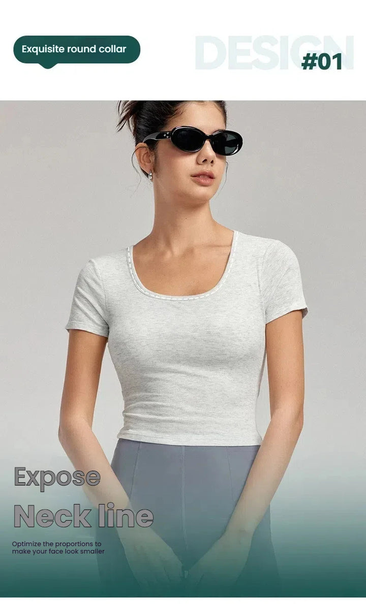 High-End Yoga Top for Women Summer Fitted Sports Short-Sleeve T-shirt Breathable Anti-Slip Cup Design