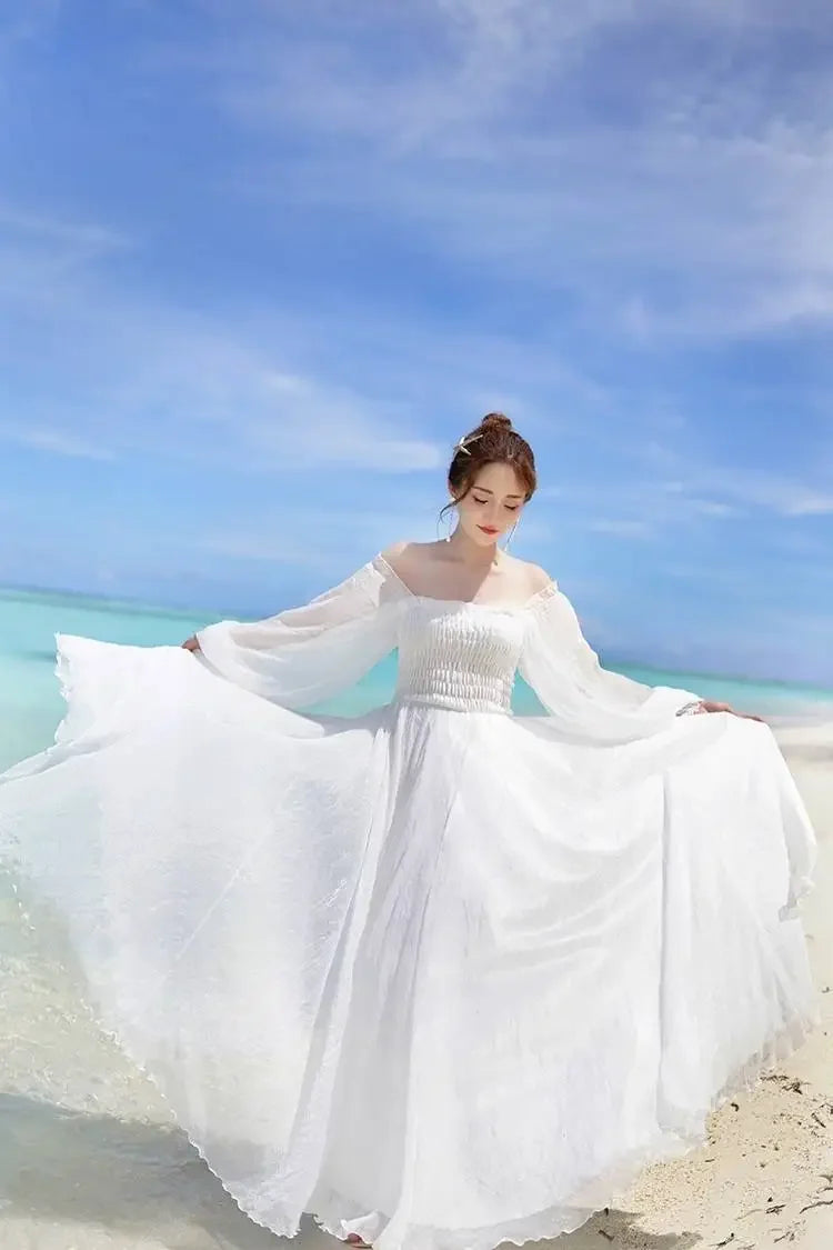 Dresses for Women Summer New Chiffon off-Shoulder Dress White Dress Vestido De Mujer