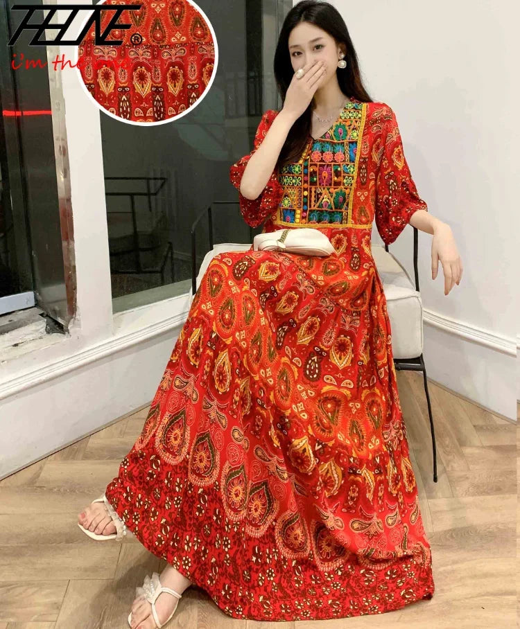 Women’s Indian Summer Dress – Embroidered Elegant Maxi Party & Beach Dress