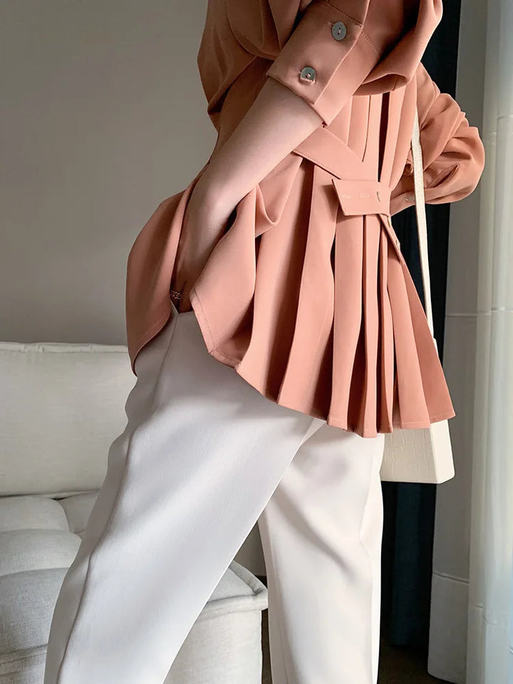 Elegant Women Shirts Woman Waist Long Sleeve Lapel Single Breasted Sashe Shirt Office Lady Business Pleated Ruched Blouses Tops
