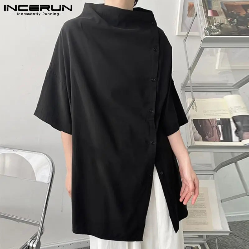Handsome Well Fitting Men's Casual Shirts Solid Color Turtleneck Half Sleeve Button Up Camisa Masculina S-5XL INCERUN Tops 2023