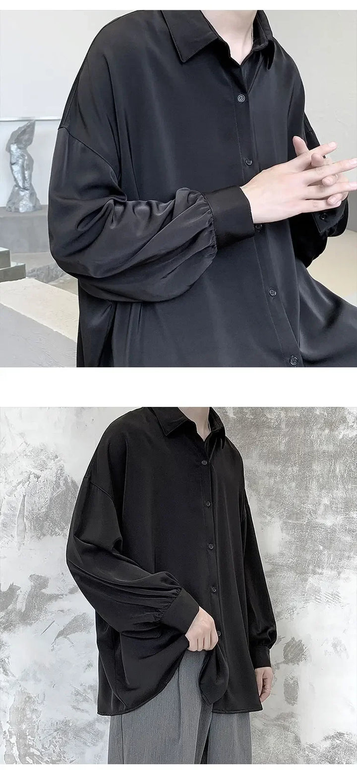 Korean Style Men's Long-sleeved Shirts Black Tie Cozy Casual Solid Oversize Blouses Breathable Loose Shirt Harajuku Male Clothes