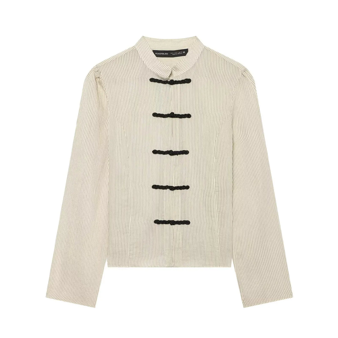 Women Trendy Sexy Striped Shirts Summer Female Chic Rope Buttons Sheer Shirts Lady High Street Elegant Long Sleeve Blouse Tops