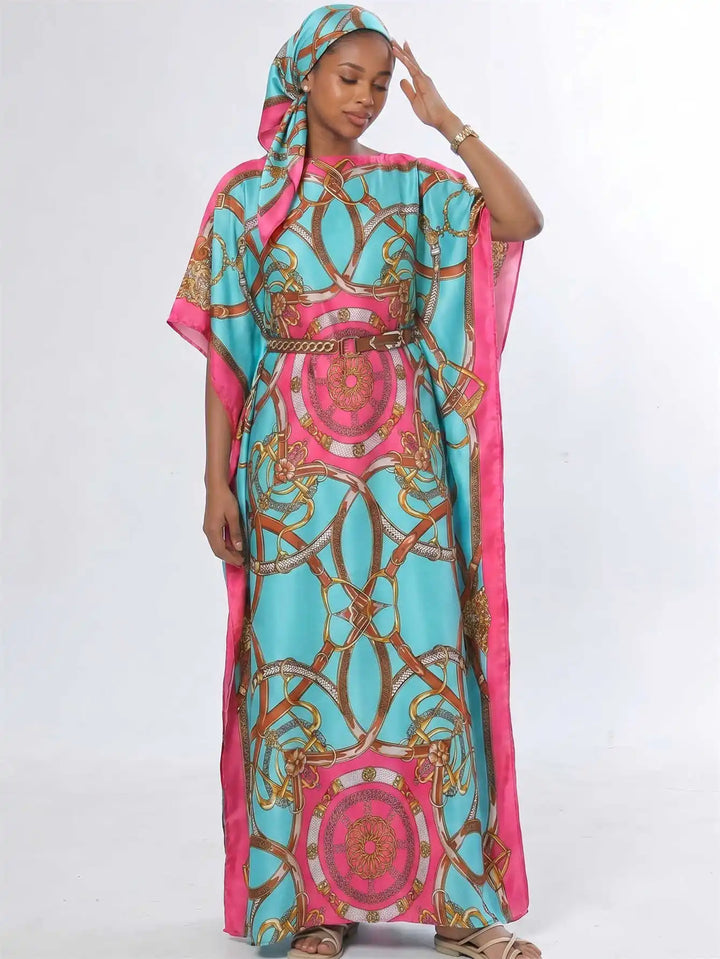 Women Muslim Kaftan Abaya With Matching Hijab Scarf Chain Print Maxi Dress Loose Batwing Sleeve Long Robe Set For Malay