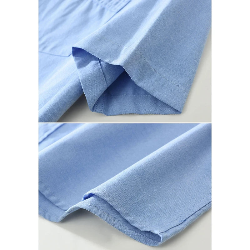 Men's 100% Cotton Short-Sleeve Shirt – Classic Turn-Down Collar, Slim Fit with Chest Pocket & Striped Detail