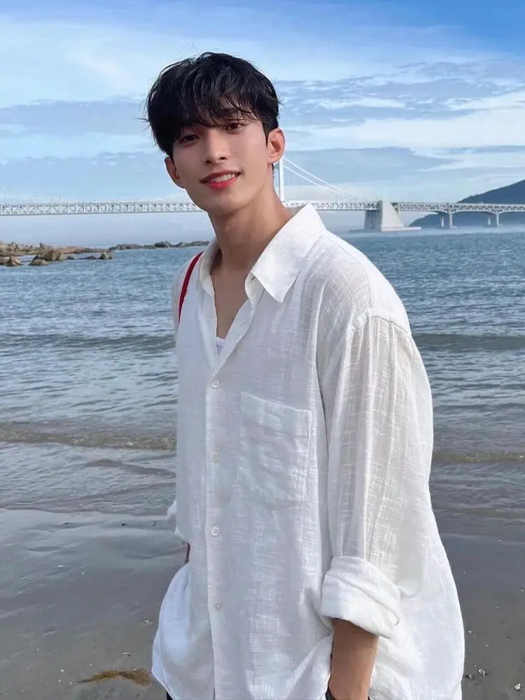 Men's Shirt Premium Thin White Loose Breathable Shirt Loose Long Sleeve Sun Protection Tees Lightweight Vacation Pockets Shirts