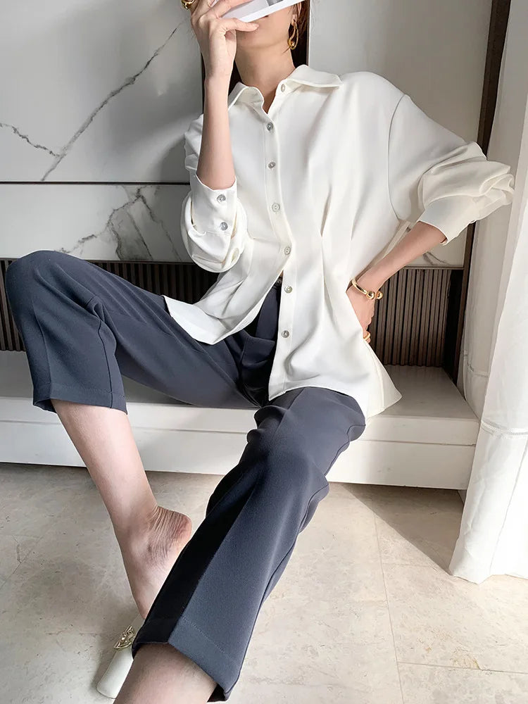 Elegant Women Shirts Woman Waist Long Sleeve Lapel Single Breasted Sashe Shirt Office Lady Business Pleated Ruched Blouses Tops