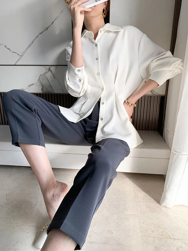 Elegant Women Shirts Woman Waist Long Sleeve Lapel Single Breasted Sashe Shirt Office Lady Business Pleated Ruched Blouses Tops
