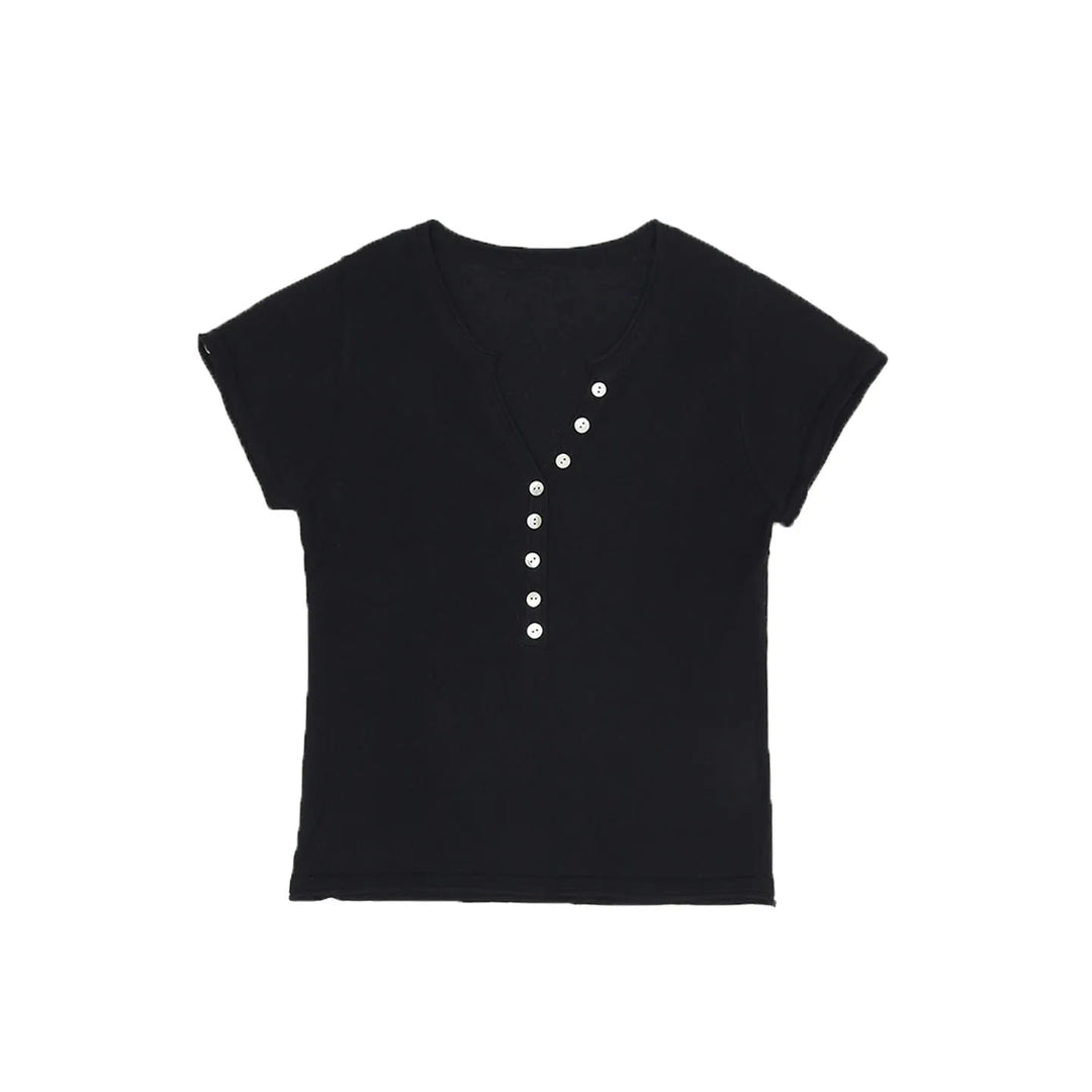 Shell Button Knit T-shirts Women Summer Simple Versatile Slim V-neck Short Sleeve Tess Sweet Korean Style Chic Tshirt Tops New