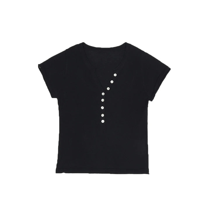Shell Button Knit T-shirts Women Summer Simple Versatile Slim V-neck Short Sleeve Tess Sweet Korean Style Chic Tshirt Tops New