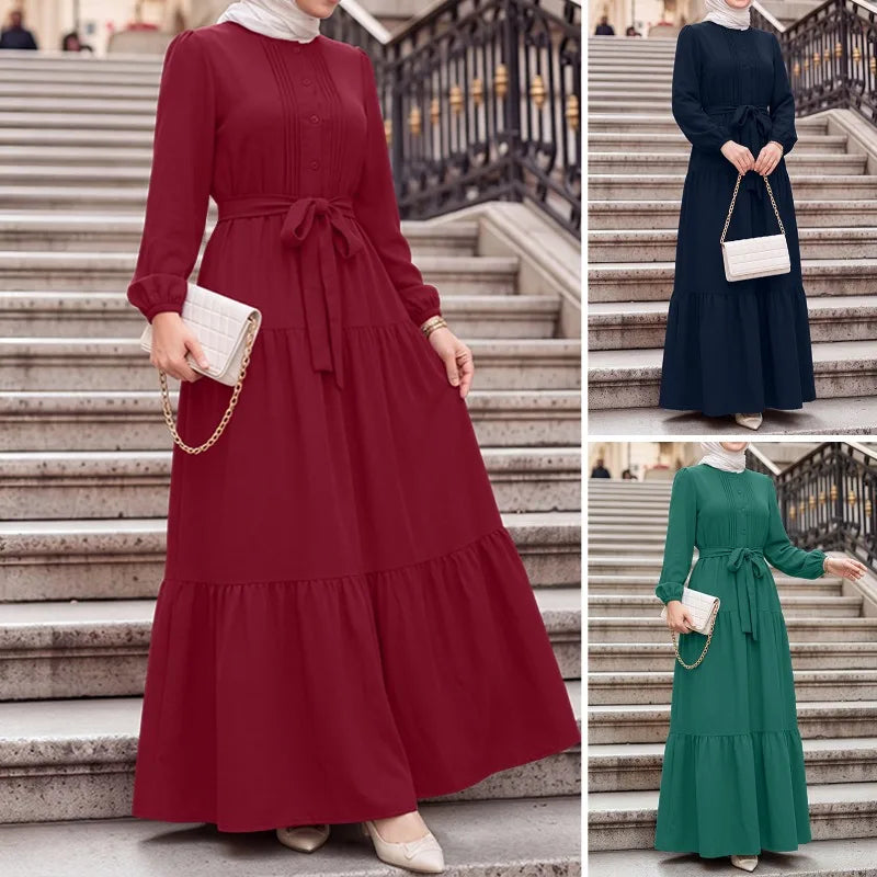 ZANZEA Elegant Muslim Abaya Dress Women O Neck Long Sleeve Pleated Sundress Maxi Robe Casual Kaftan Stylish Party Dress Ramadan