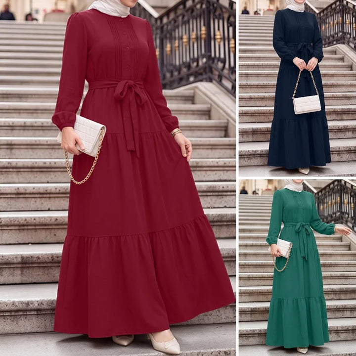ZANZEA Elegant Muslim Abaya Dress Women O Neck Long Sleeve Pleated Sundress Maxi Robe Casual Kaftan Stylish Party Dress Ramadan