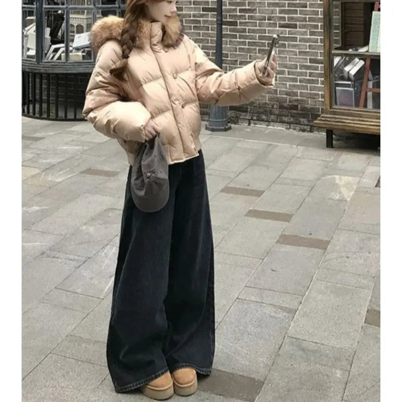 Korean Retro Big Fur Collar Cotton Clothes for Women's Autumn and Winter New Waist Thin Warm Jacket Khaki Bread Clothes
