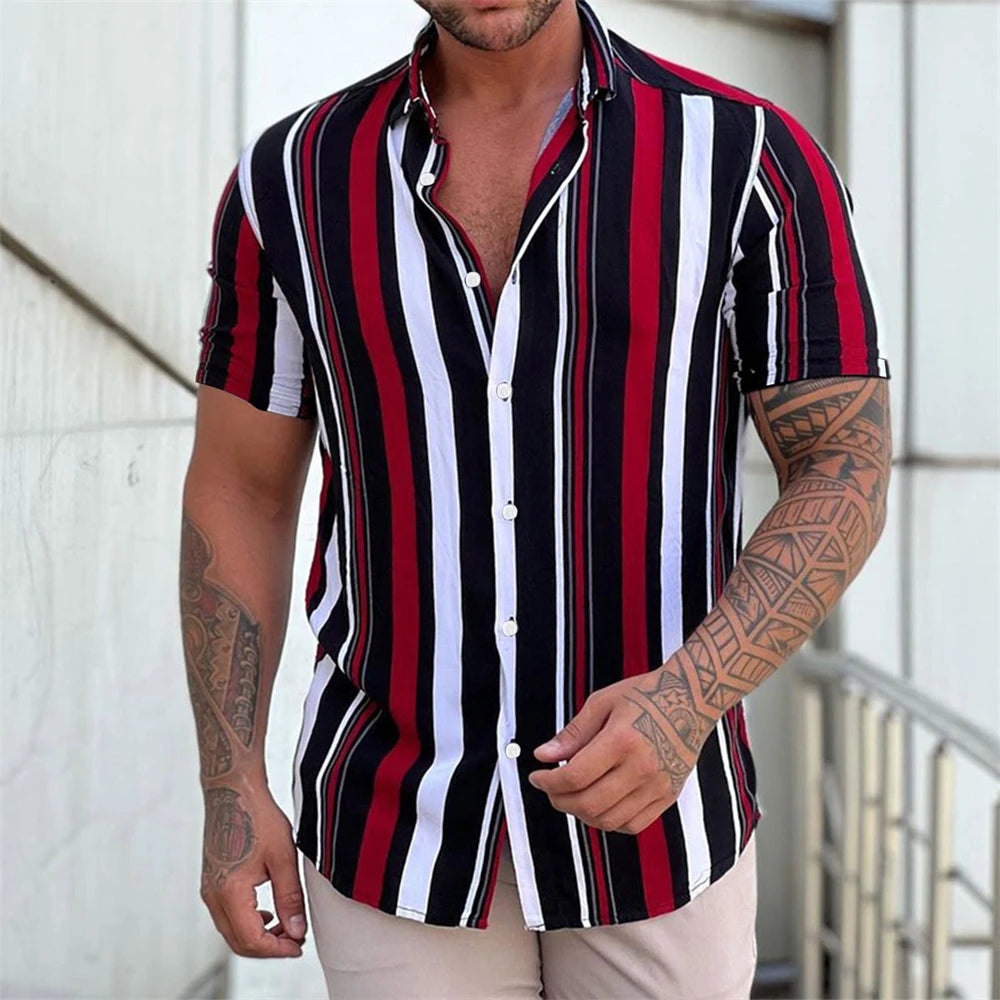 Men's Shirts Striped Shirts 3D Hawaiian Button Short Sleeve Plaid Red Top Beach Wear Black and White Shirt Men's Clothing