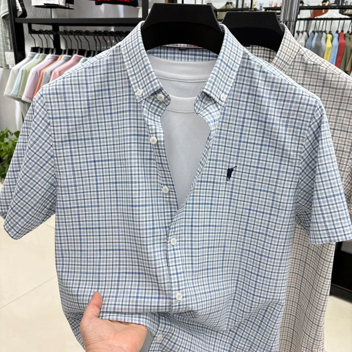 Short Sleeved Shirt for Men in Summer, Thin Design for Men, High-end Checkered Embroidered Shirt, Pure Cotton Top