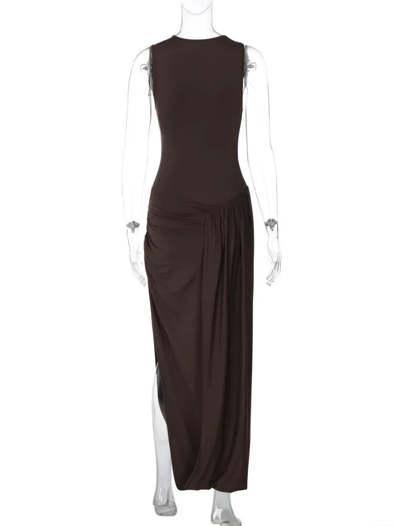 Woman Clothing O-neck Sleeveless Tunics High Slit Long Dress Streetwear Y2K Female High Waist Ruched Solid Holiday Party Dresses