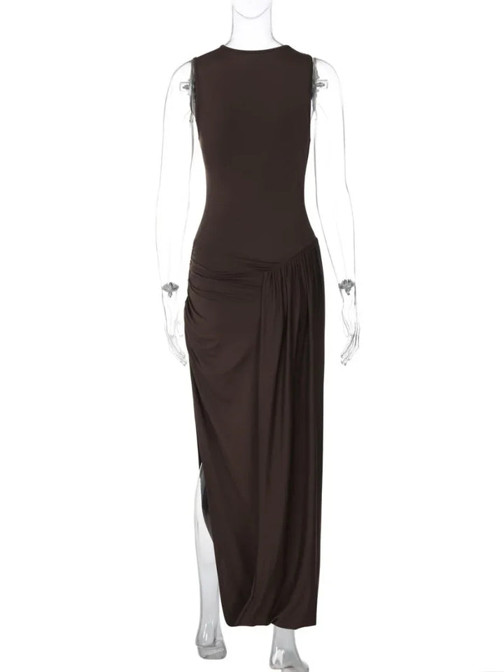 Woman Clothing O-neck Sleeveless Tunics High Slit Long Dress Streetwear Y2K Female High Waist Ruched Solid Holiday Party Dresses