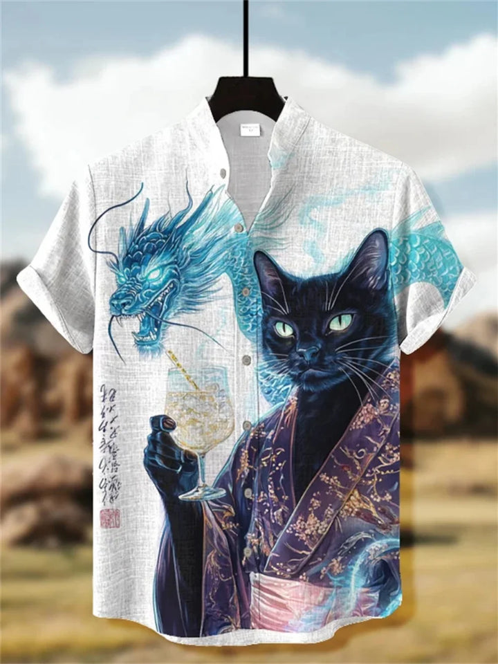 Men's Printed Short Sleeve Shirt Fashionable Casual Outdoor Breathable Linen Stand up Collar for Social Parties