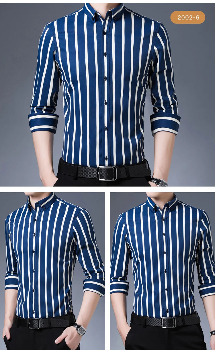 Men's Elegant  Striped Iron-Free Long Sleeve Dress Shirts - Breathable, Stretchy Casual Button Up Shirt For Formal Occasions